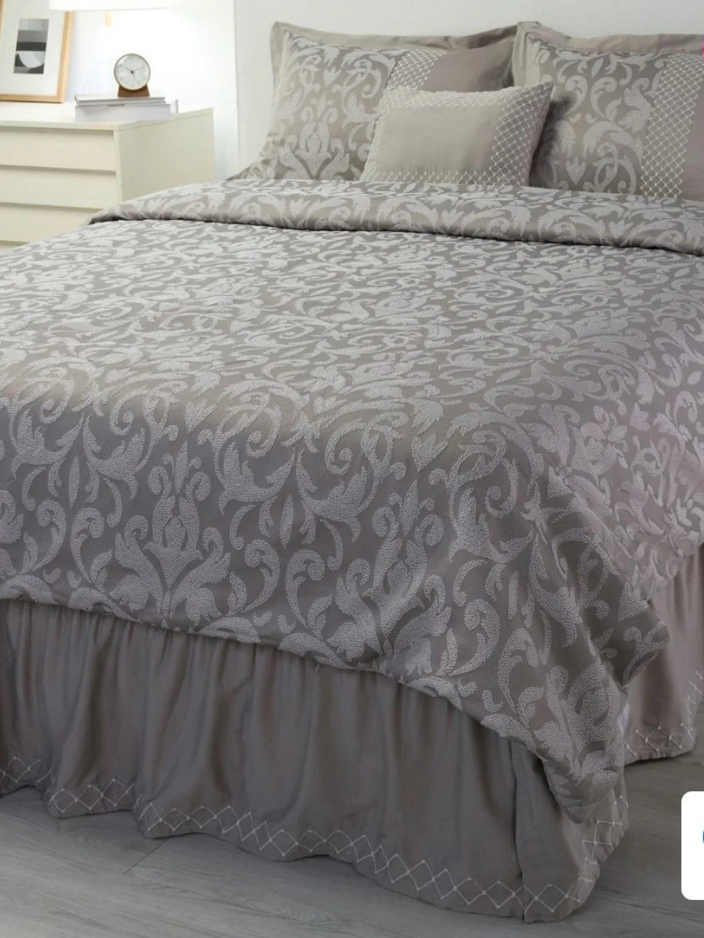 5-Pc Cal King Bedding Set Smoky Gray Jacquard Wynne Comforter Sham Skirt Pillow